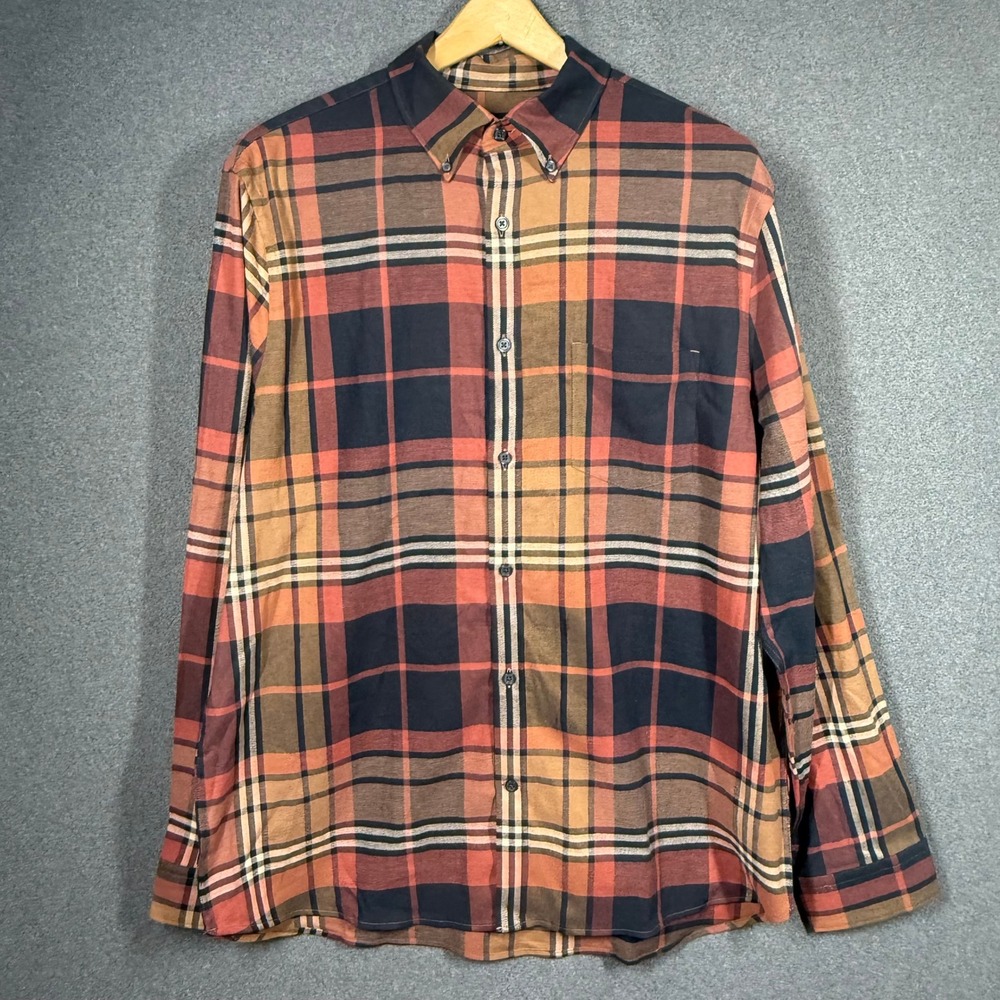 Express Mens Plaid Button Down Shirt Orange Brown Navy Stretch Flannel L NWT